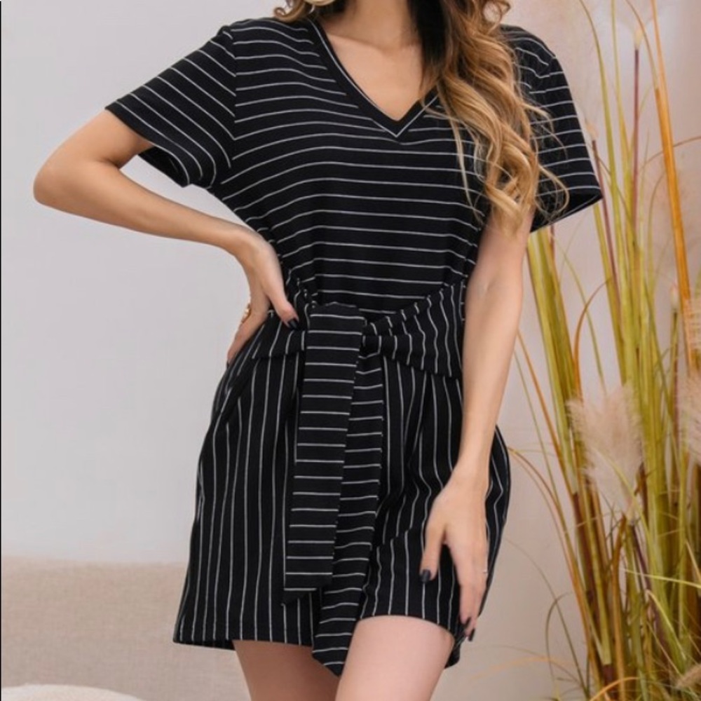 Z Avenue Tie Waist Romper - B&W Stripes